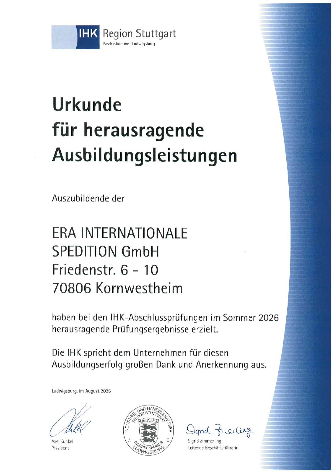 IHK-Urkunde für herausragende Ausbildungsleistungen 2026